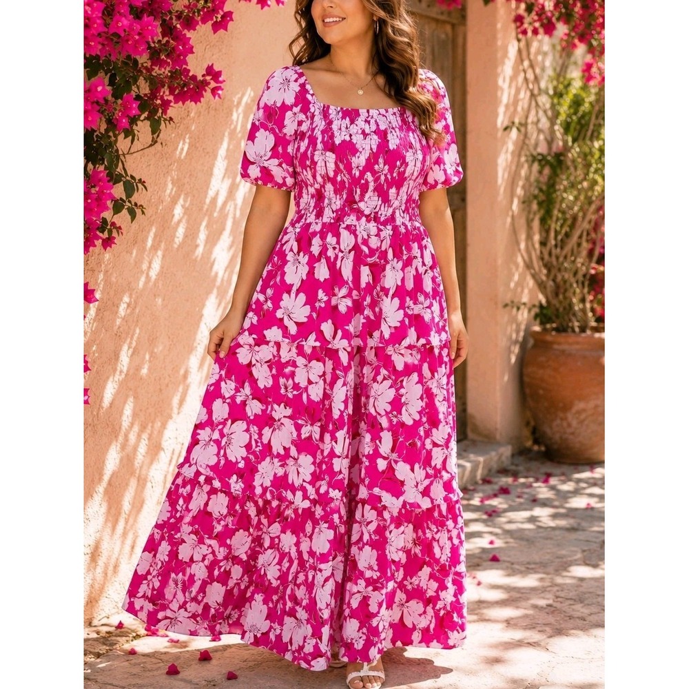 NWT BTFBM XL Pink Floral Smocked Maxi Dress Puff Sleeve Tiered Lined Boho